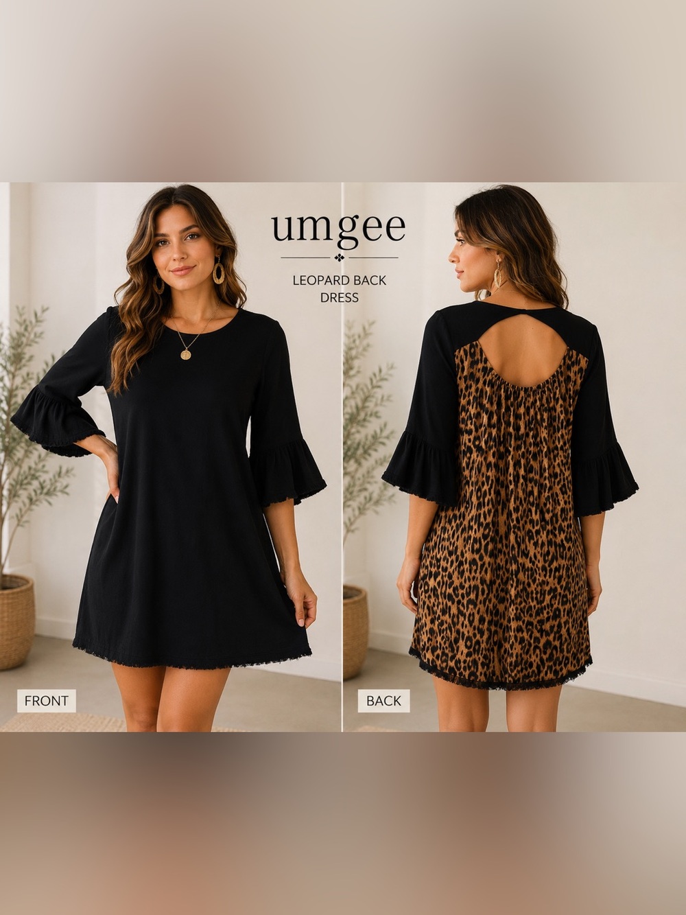 🔥 NWT Umgee Leopard & Black Boho Dress - Bell Sleeves - Large